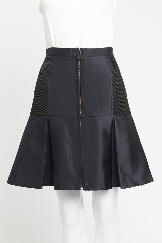 Navy Mesh Detail Pleated Preowned Mini Skirt