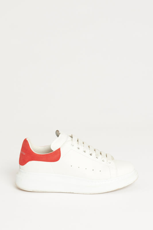 White Leather Preowned Oversized Sneakers With Red Accents