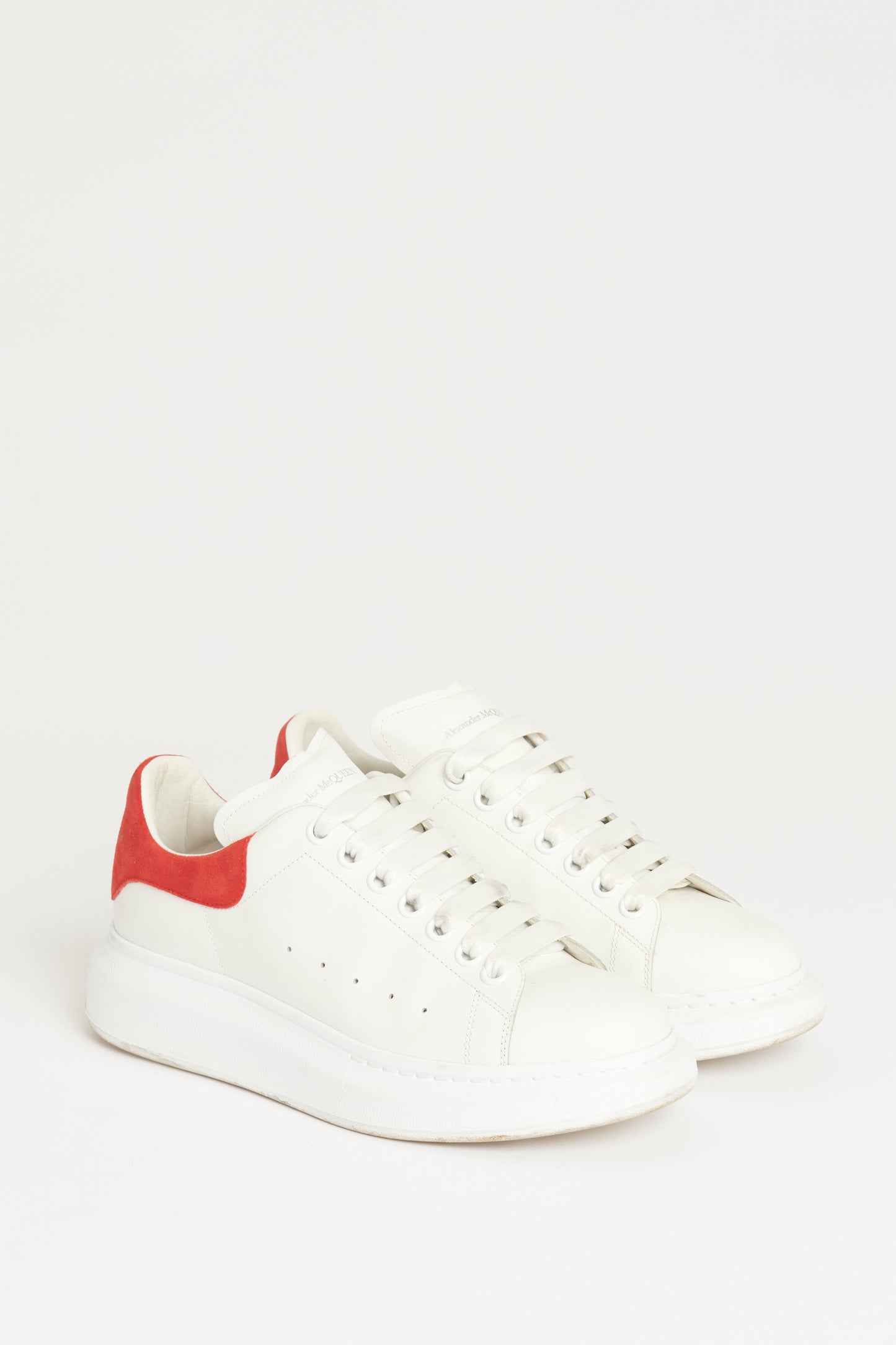 White Leather Preowned Oversized Sneakers With Red Accents