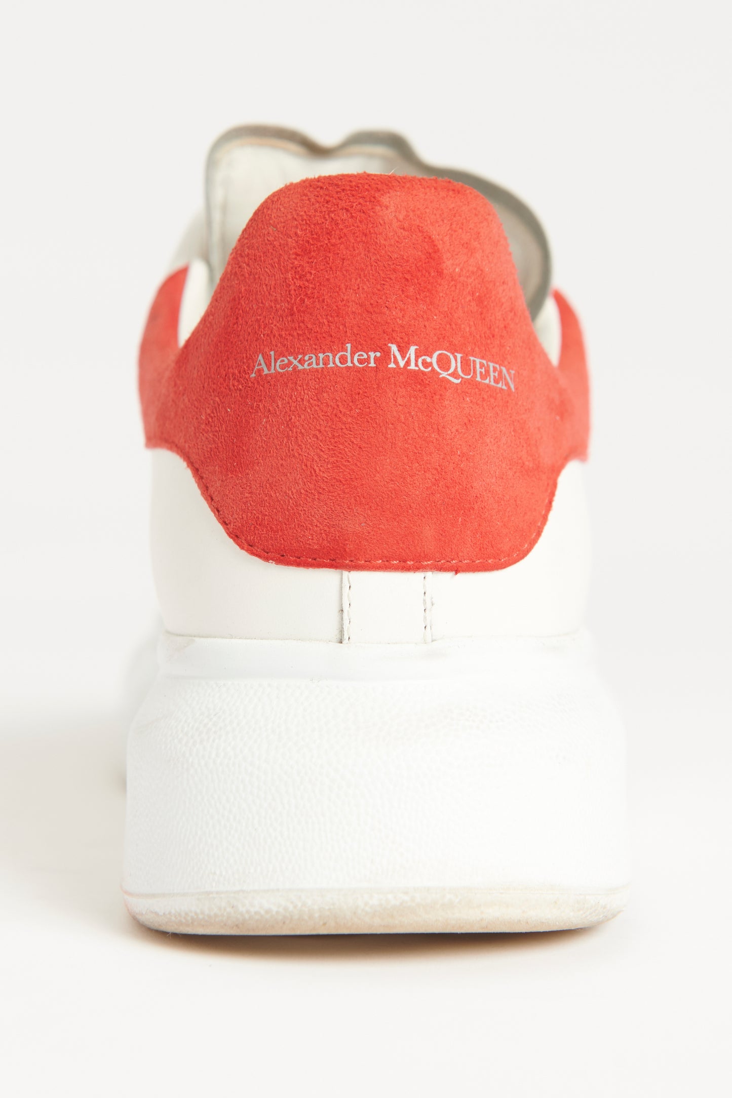 White Leather Preowned Oversized Sneakers With Red Accents