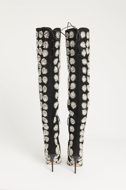 2017 Black Suede Preowned 'Frederikke' Embellished Thigh Boots