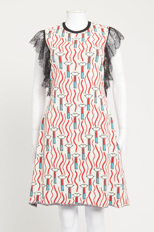 White Jacquard Preowned Dress With Lipstick Print