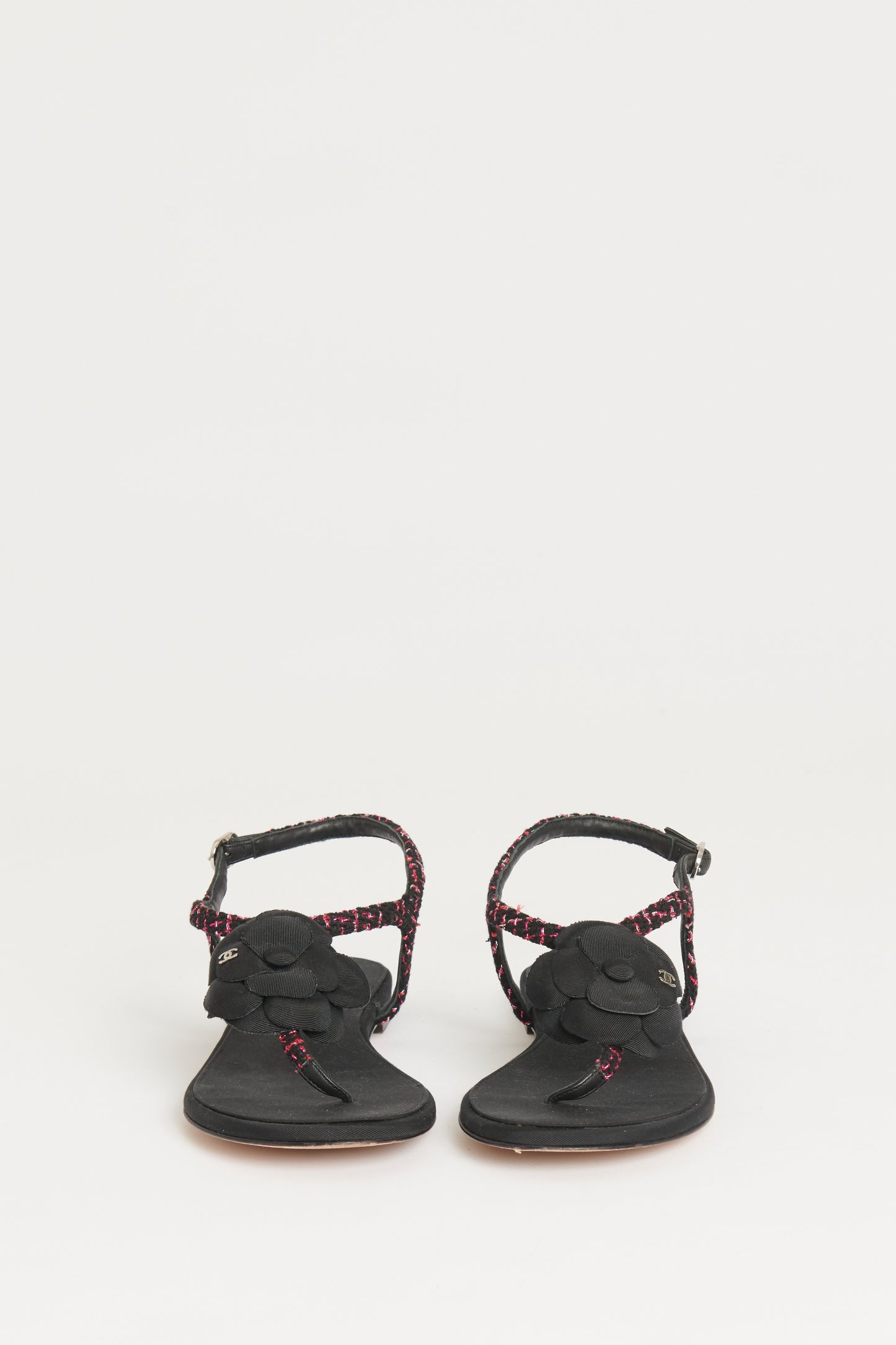 Black/Magenta Tweed Preowned Sandals With Camellia Detail