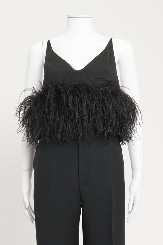Black Preowned 'Poppy' Crop Top With Ostrich Feather Trim