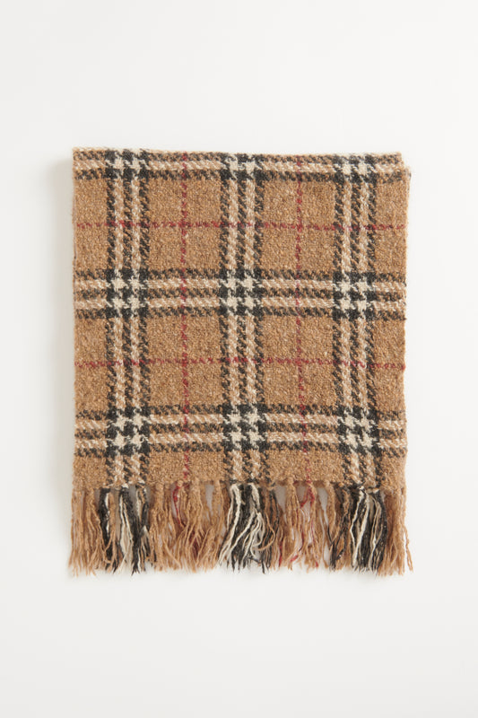 Brown Cashmere Check Tassel Preowned Scarf