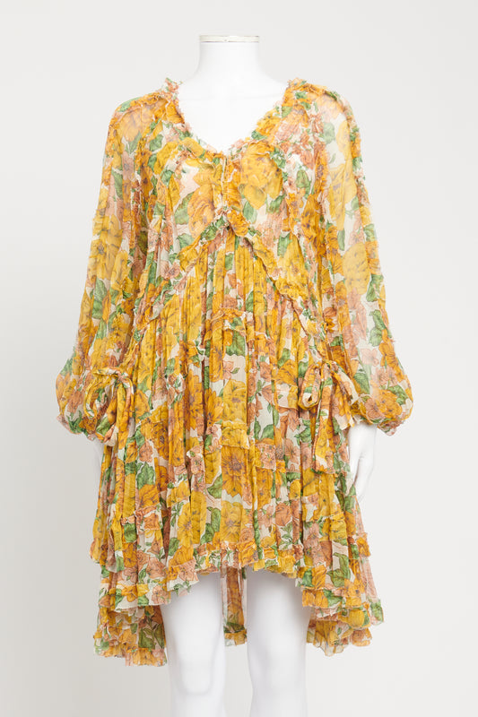 Yellow Floral Silk Preowned Flowy Mini Dress