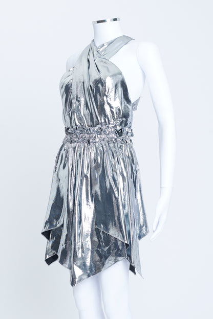 Silver Metallic Silk Blend Kary Mini Dress