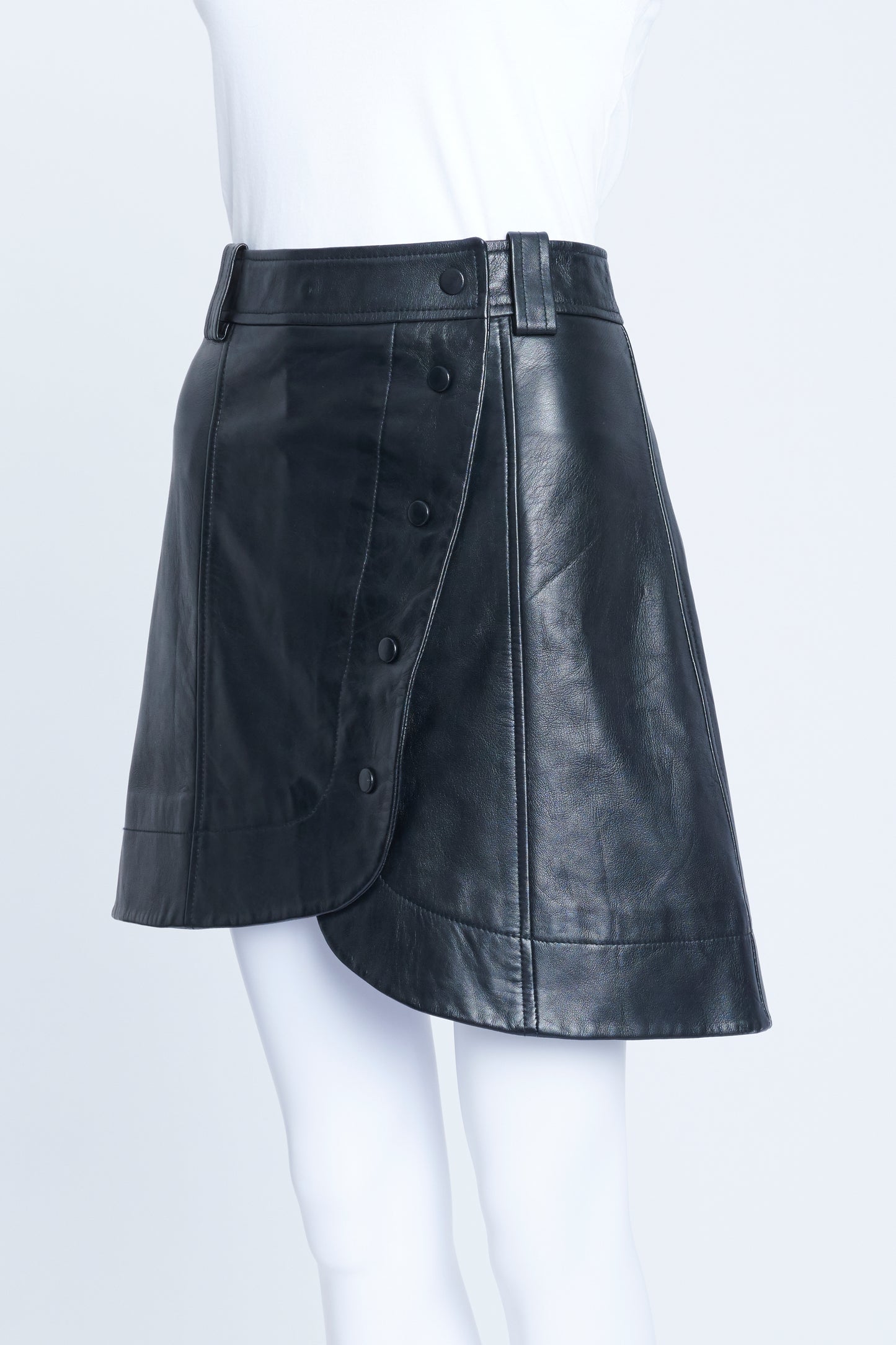 Black Leather Mini Skirt With Asymmetrical Button Closure