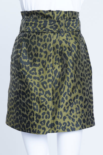 Green Leopard Print Crispy Jacquard Mini Skirt With Belt