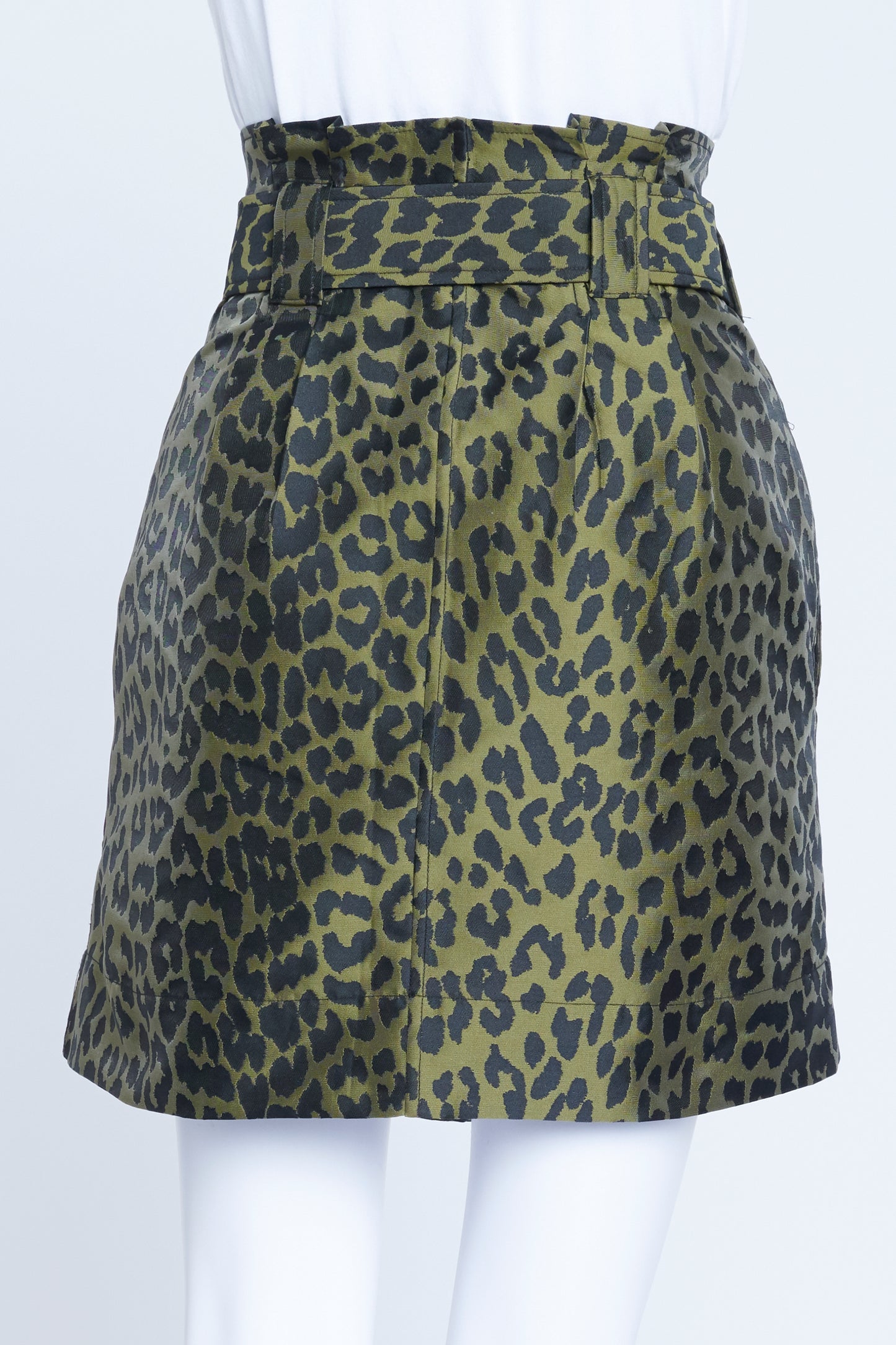 Olive Green Leopard Print Crispy Jacquard Mini Skirt With Belt