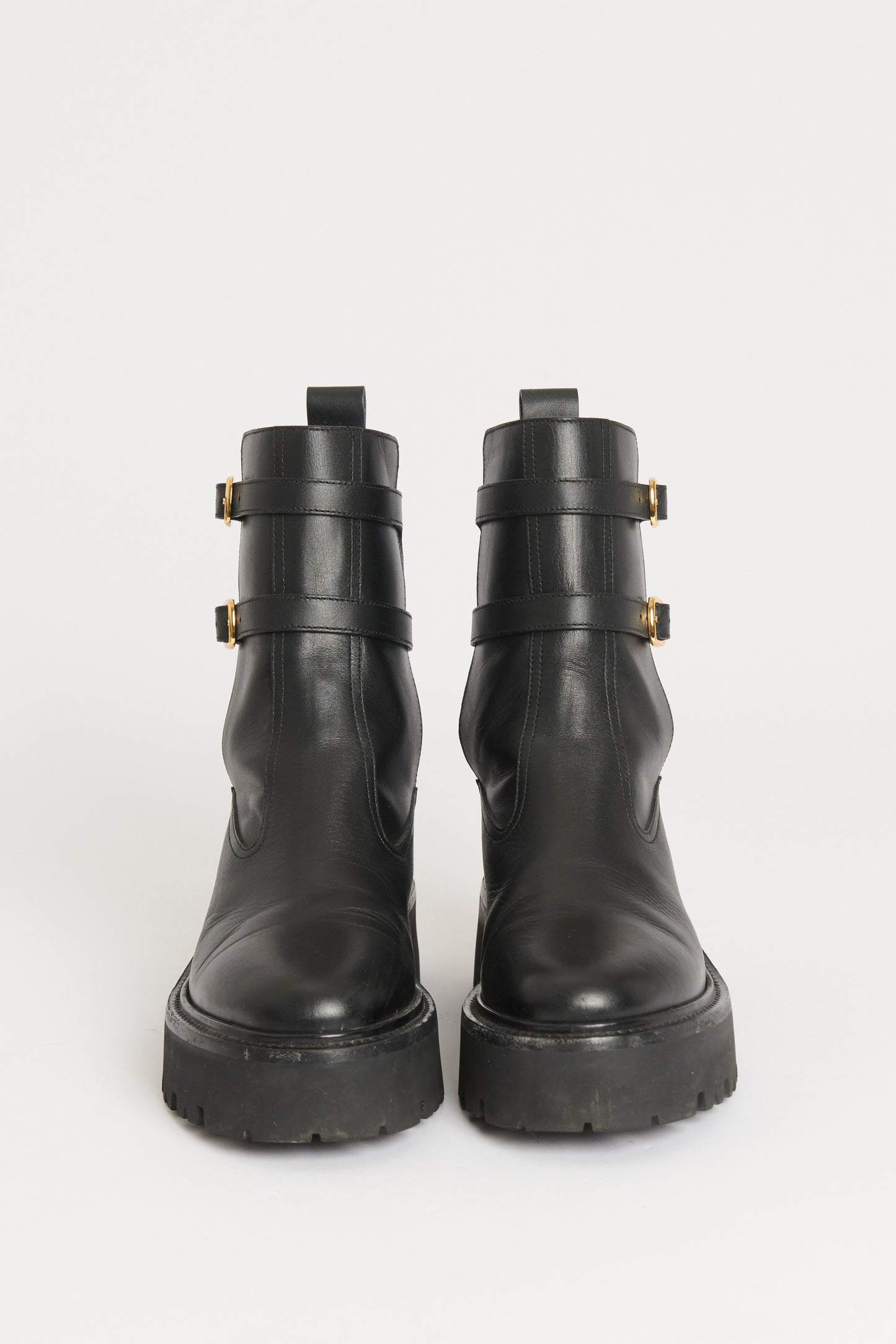 Black Leather Buckled Preowned Biker Boots
