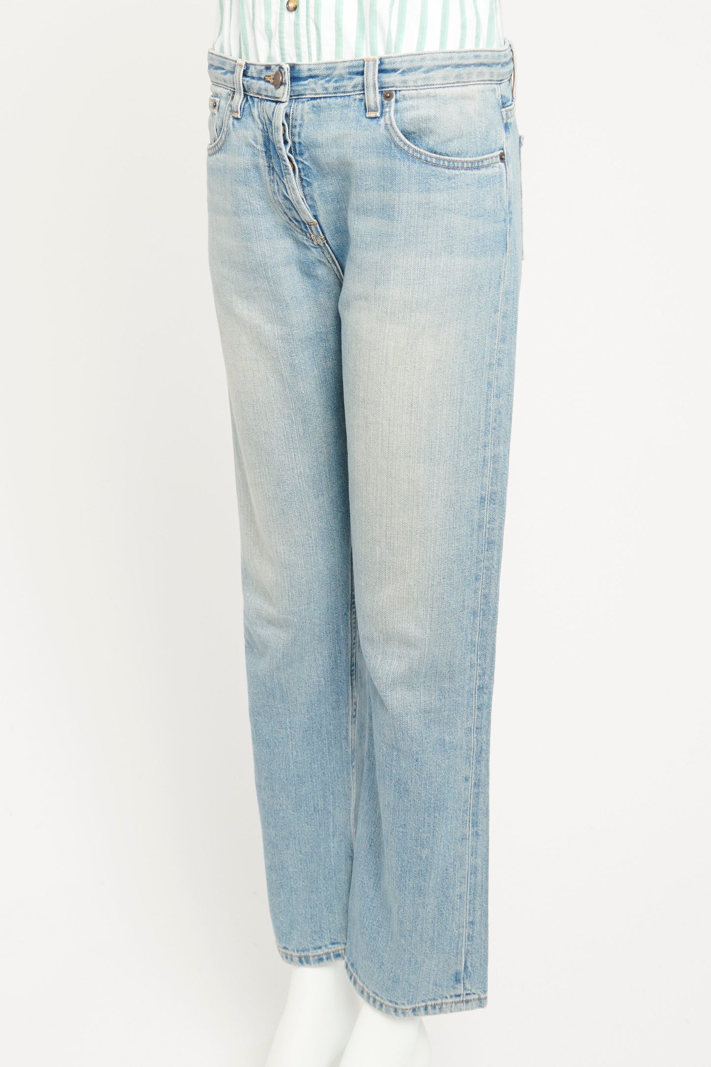 Washed Denim Blue Cotton Preowned Wide Leg Cropped Jean