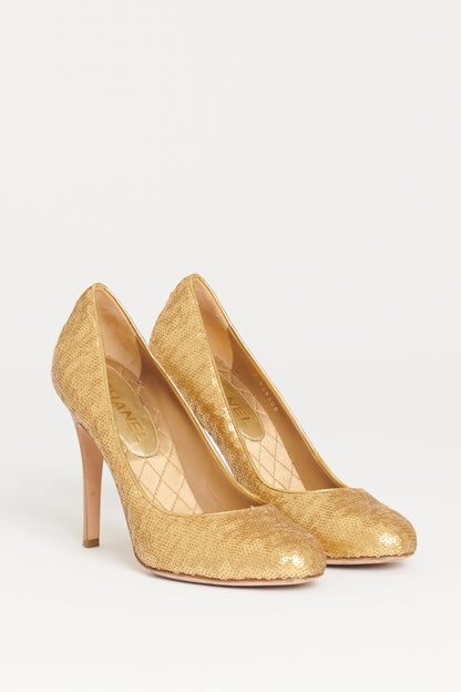 Gold Sequin Preowned Almond Toe Pumps