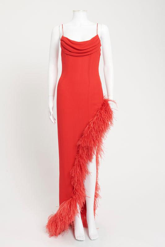 Red Silk Georgette Preowned Asymmetric Feathered Trimmed Gown