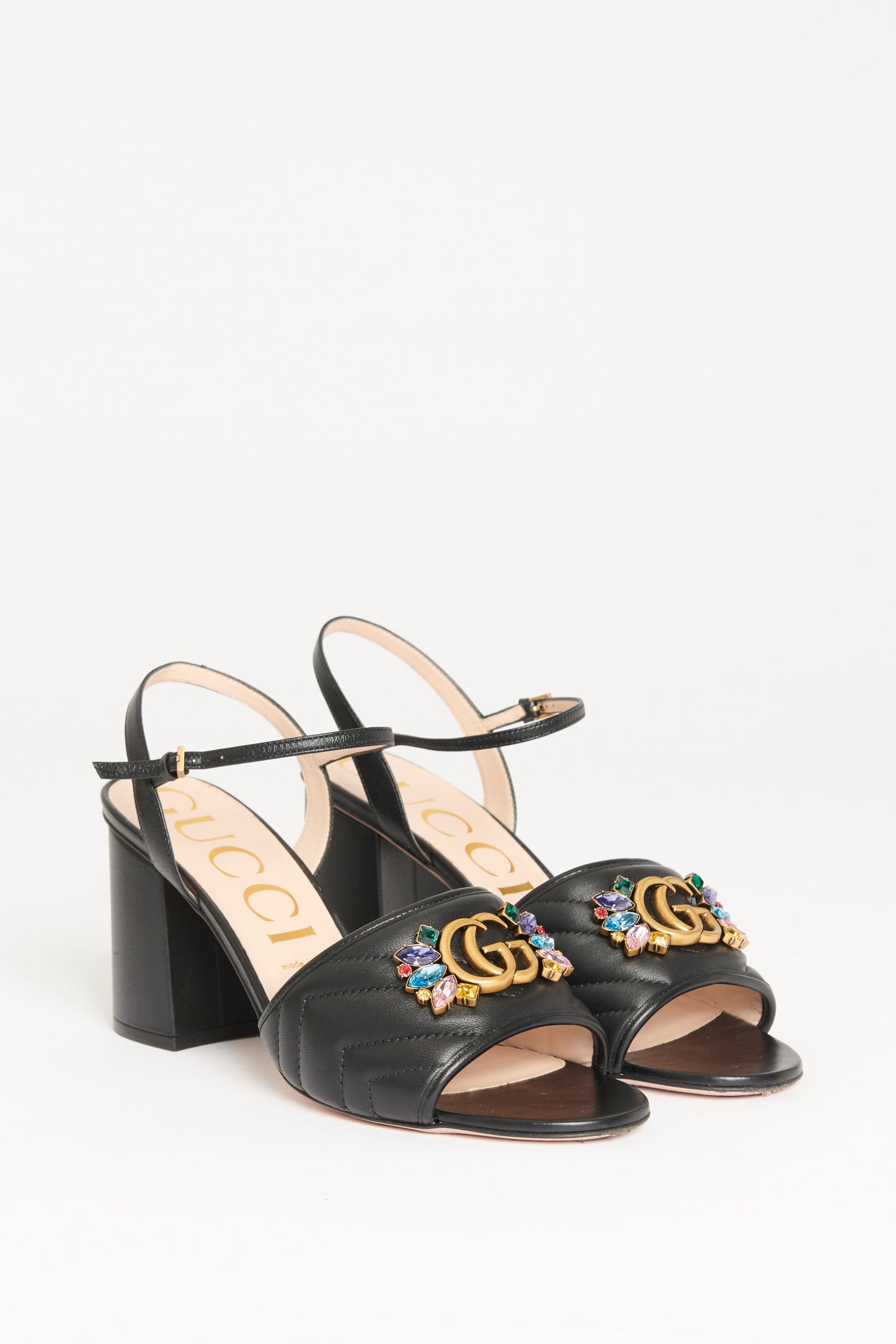 Black Leather Preowned Marmont Embroidered Sandals