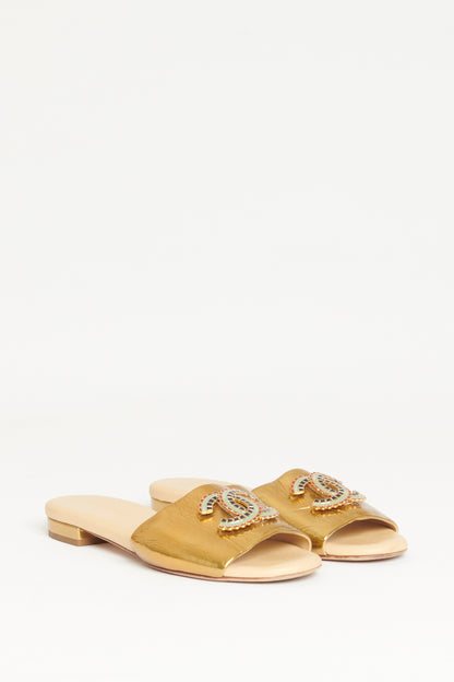 Gold Metallic Leather Preowned Slip On CC Sandals