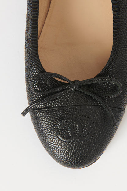 Black Caviar Leather Preowned CC Ballet Flats