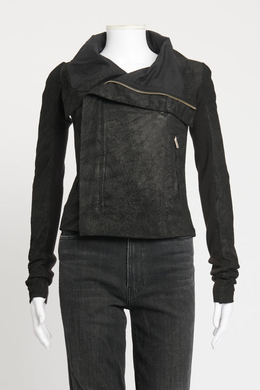 Black Leather and Wool Asymmetric Preowned Jacket