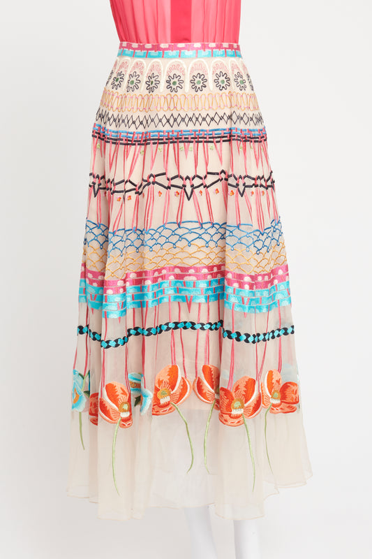 Pink Embroidered Preowned Midi Skirt