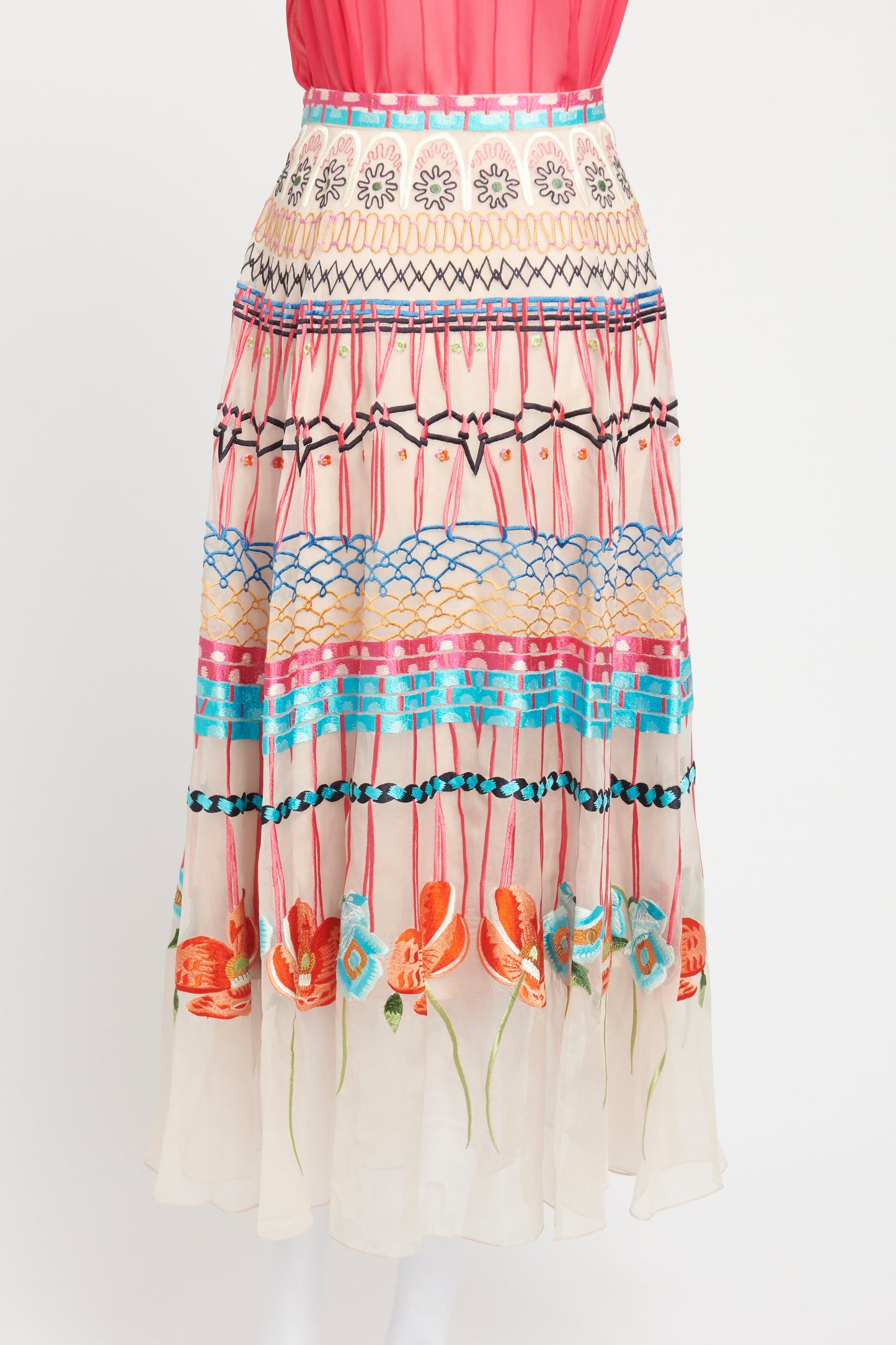 Pink Embroidered Preowned Midi Skirt