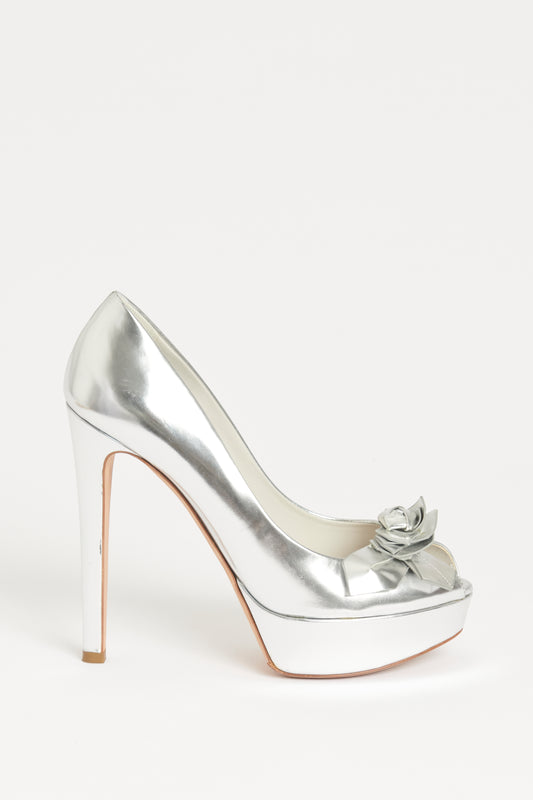 Silver Preowned Leather Peep Toe Pumps