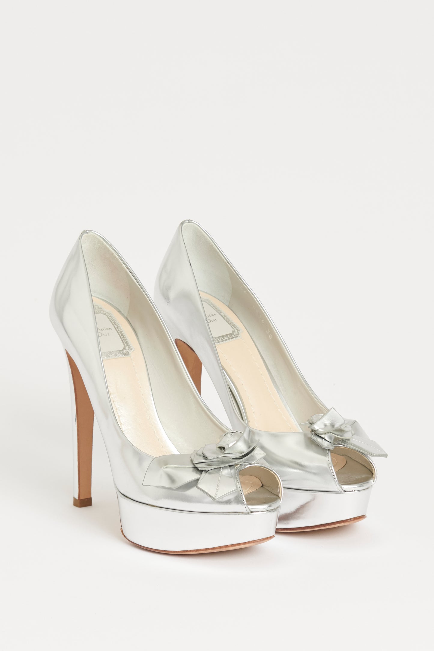 Silver Preowned Leather Peep Toe Pumps