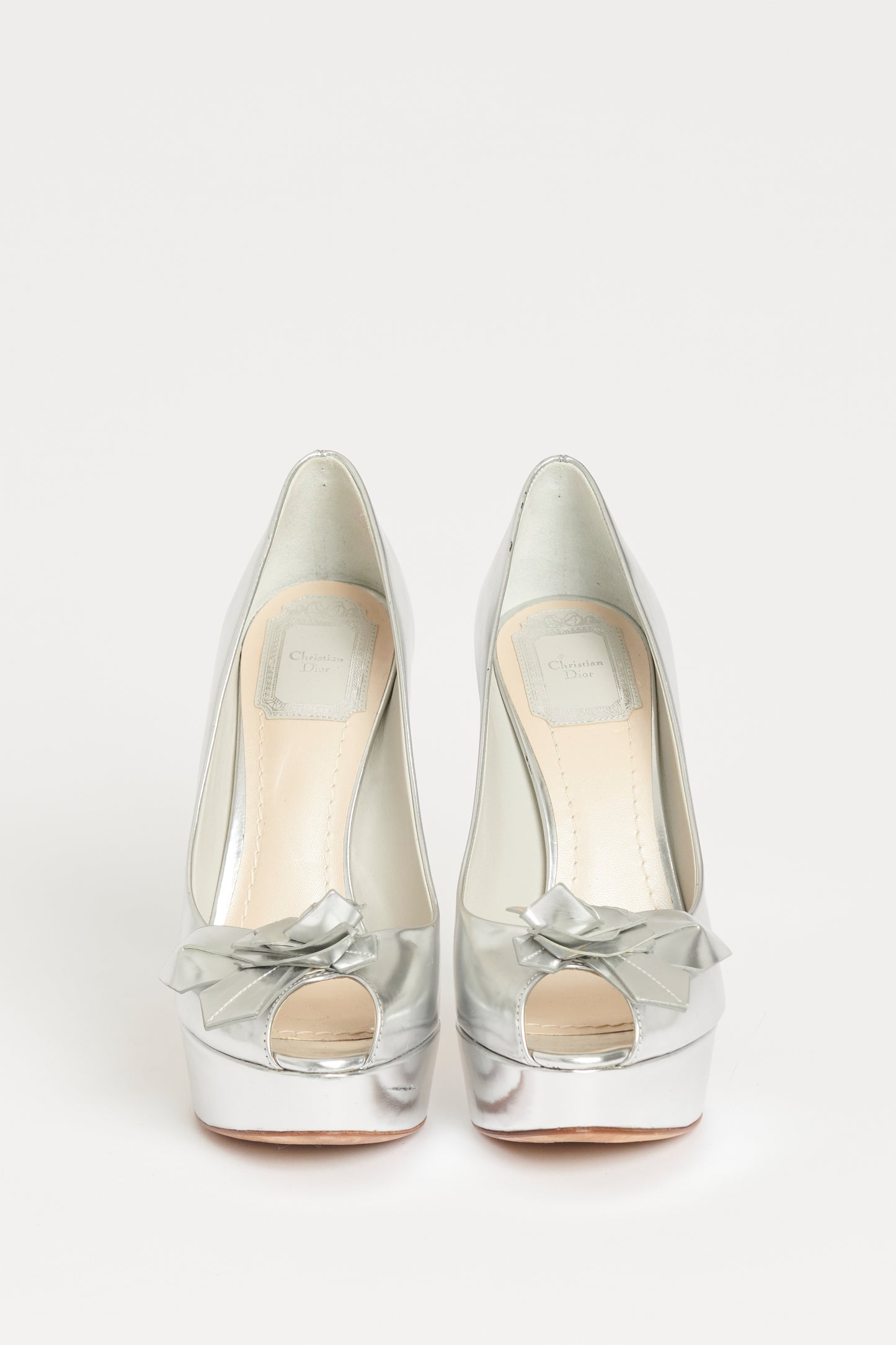 Silver Preowned Leather Peep Toe Pumps