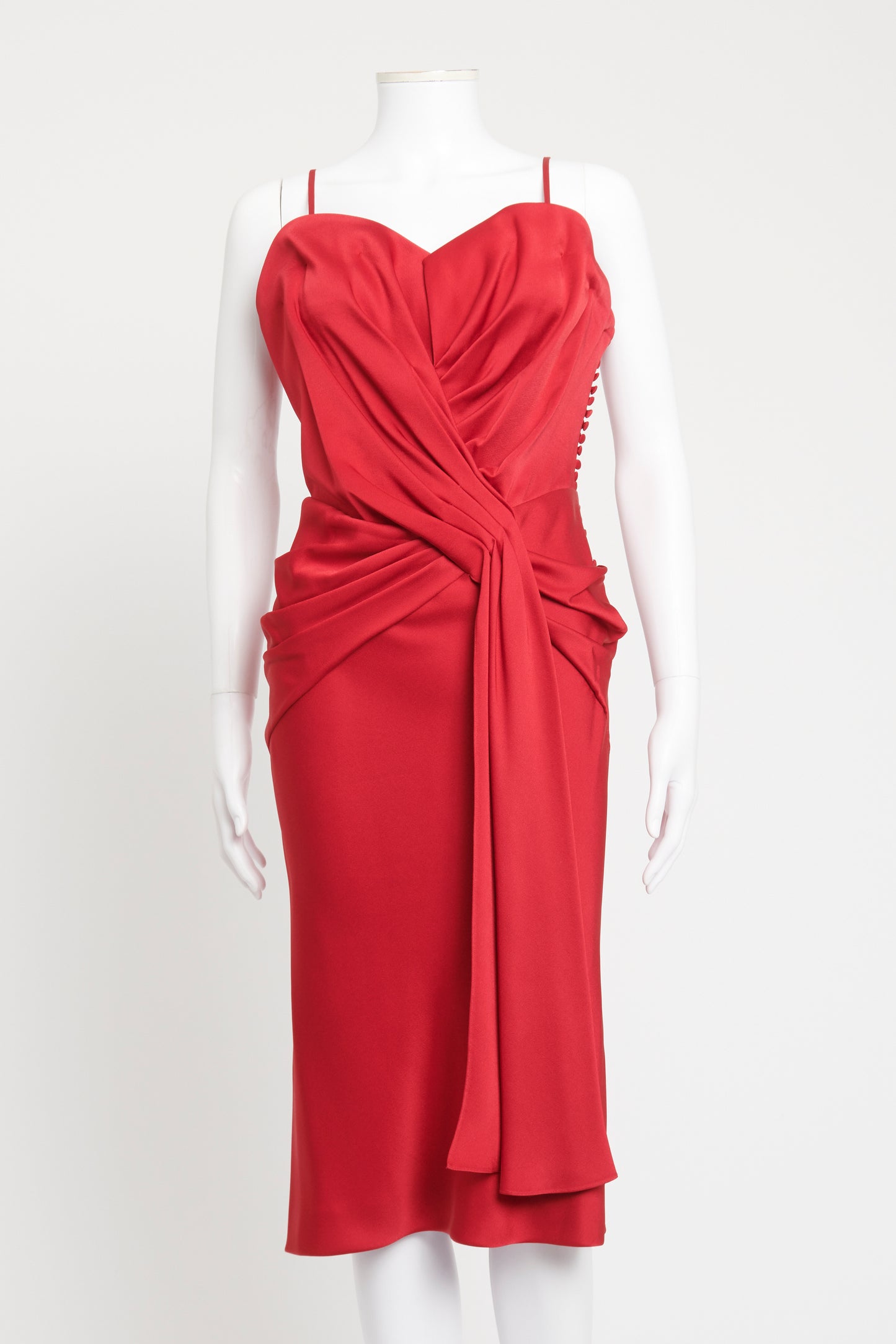 Red Gathered Preowned Midi Dress