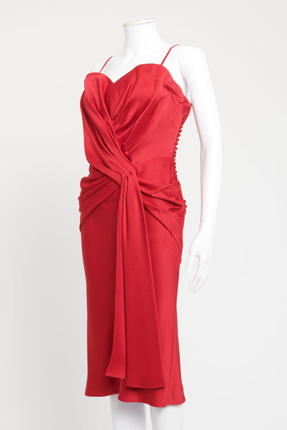 Red Gathered Preowned Midi Dress