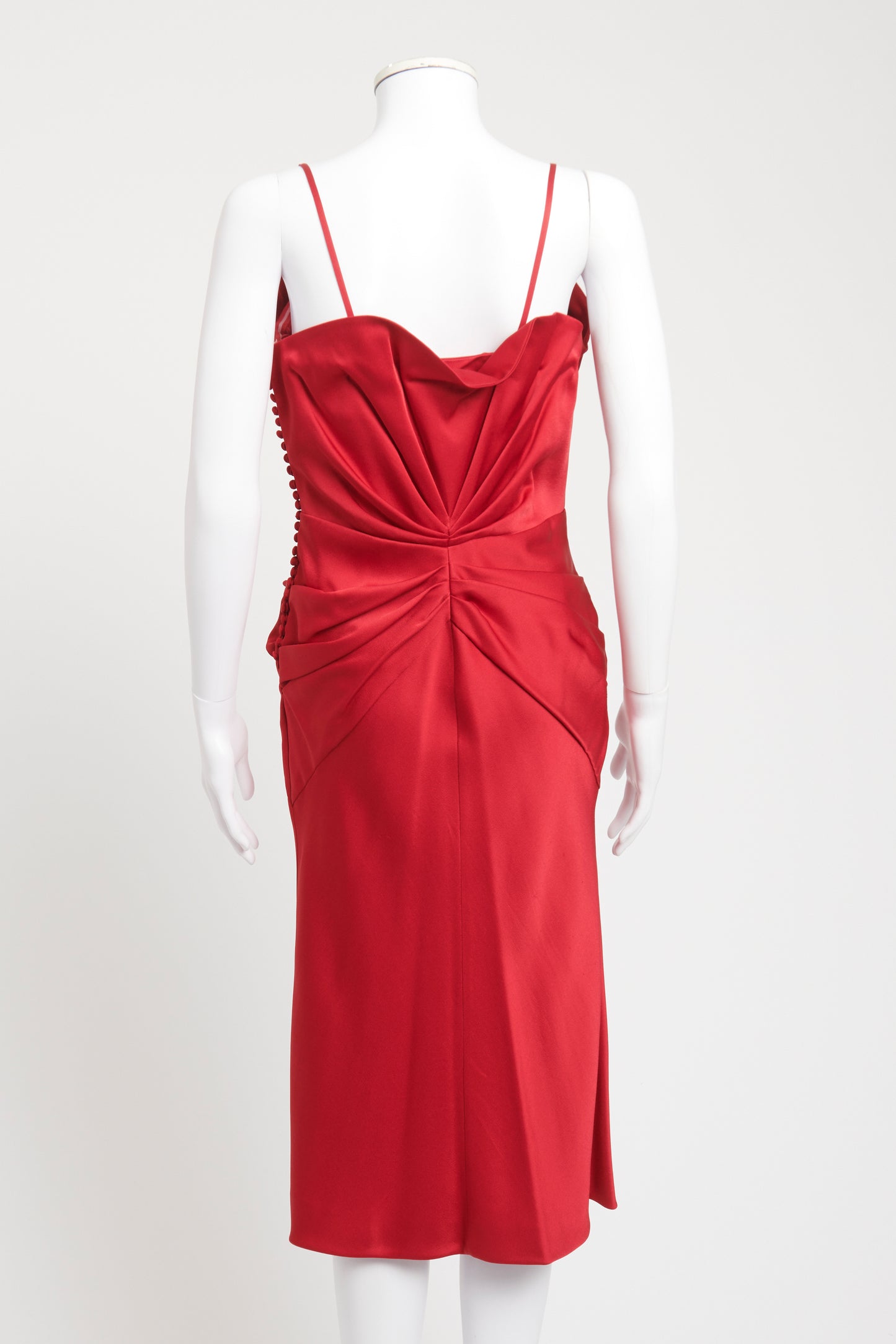 Red Gathered Preowned Midi Dress