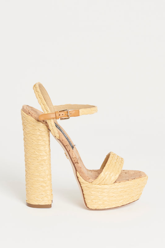 Beige Raffia Preowned Woven Platform Sandals