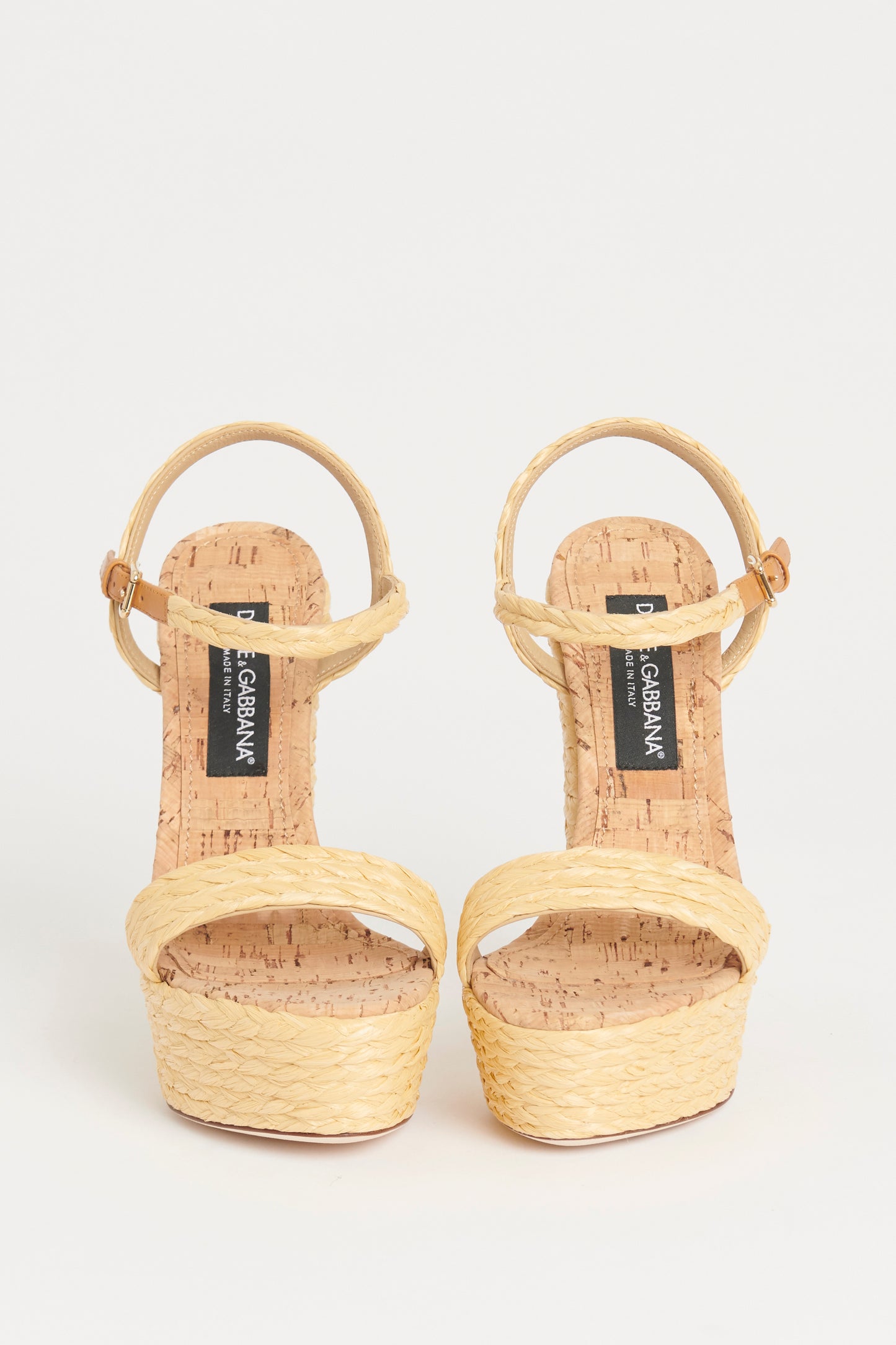 Beige Raffia Preowned Woven Platform Sandals