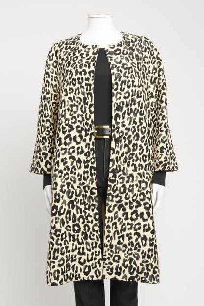 Beige Wool Blend Leopard Print Preowned Coat