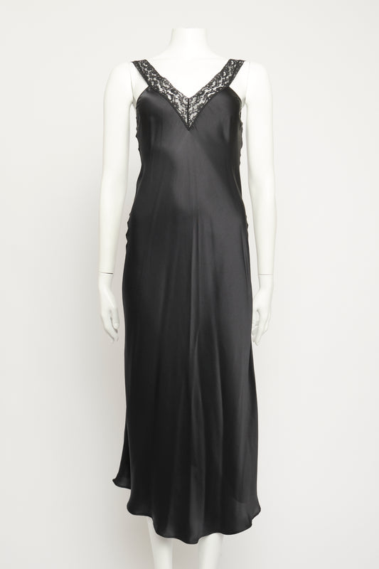 Black Silk Lace Trim Preowned Maxi Dress