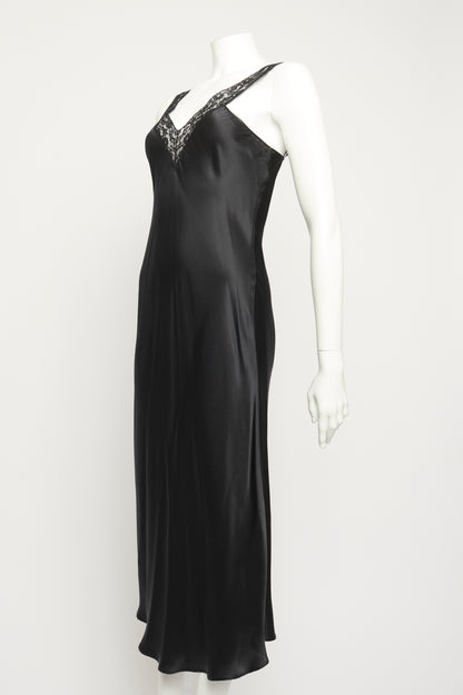 Black Silk Lace Trim Preowned Maxi Dress