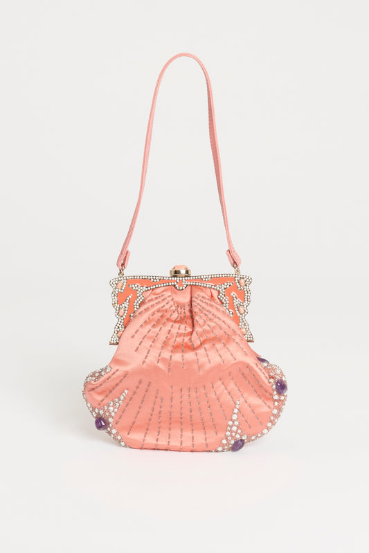Pink Coral Satin Preowned Embellished Frame Bag