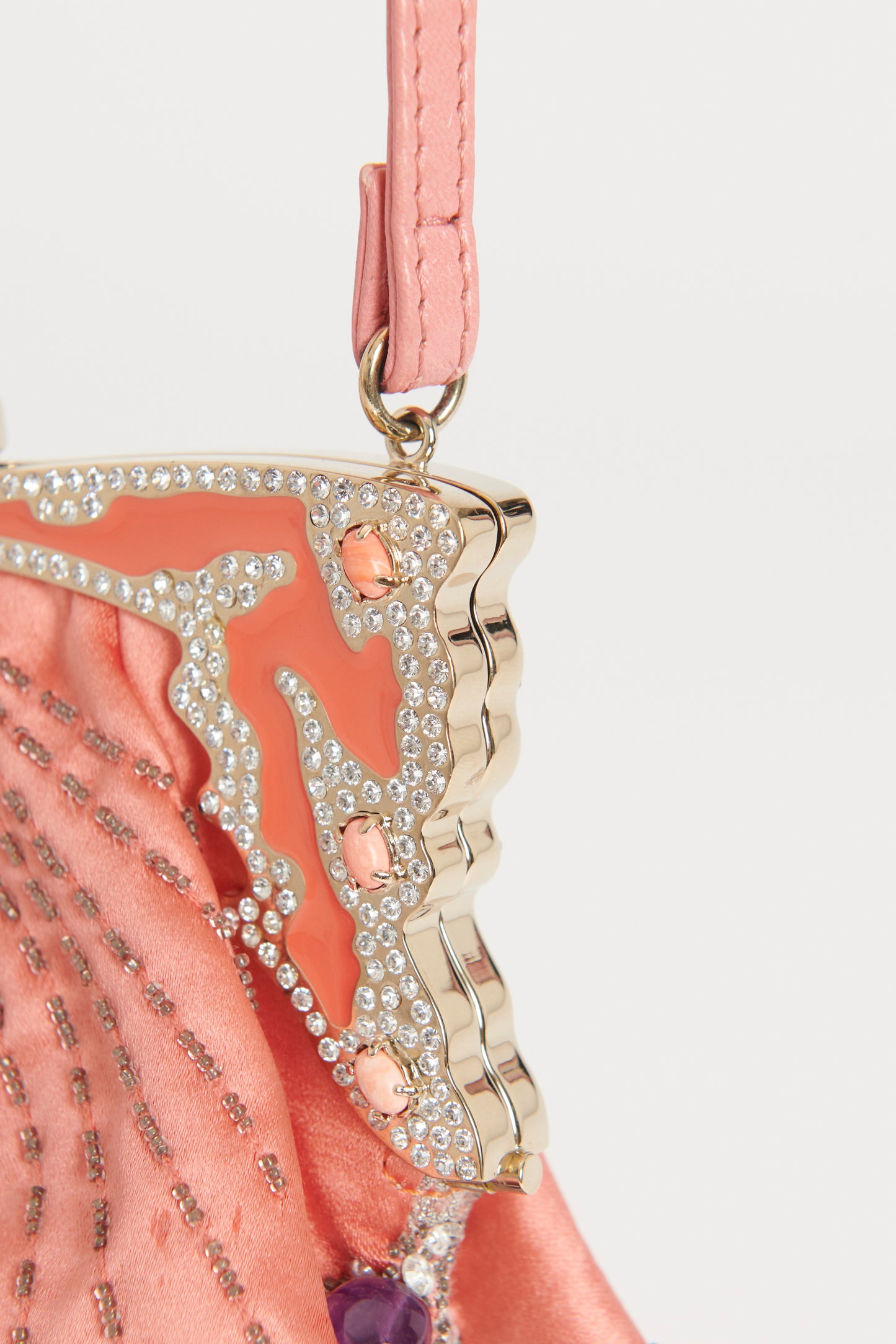 Pink Coral Satin Preowned Embellished Frame Bag