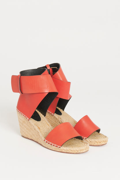 Red Leather Preowned Woven Espadrille Wedges