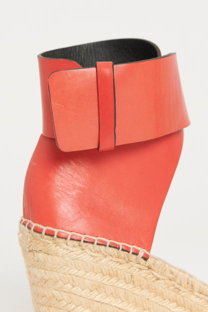 Red Leather Preowned Woven Espadrille Wedges