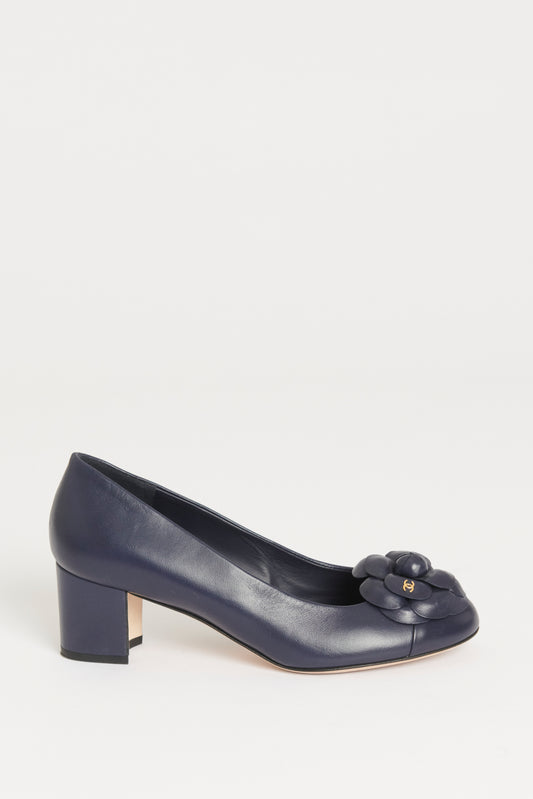 Navy Lambskin Preowned Camellia Pumps