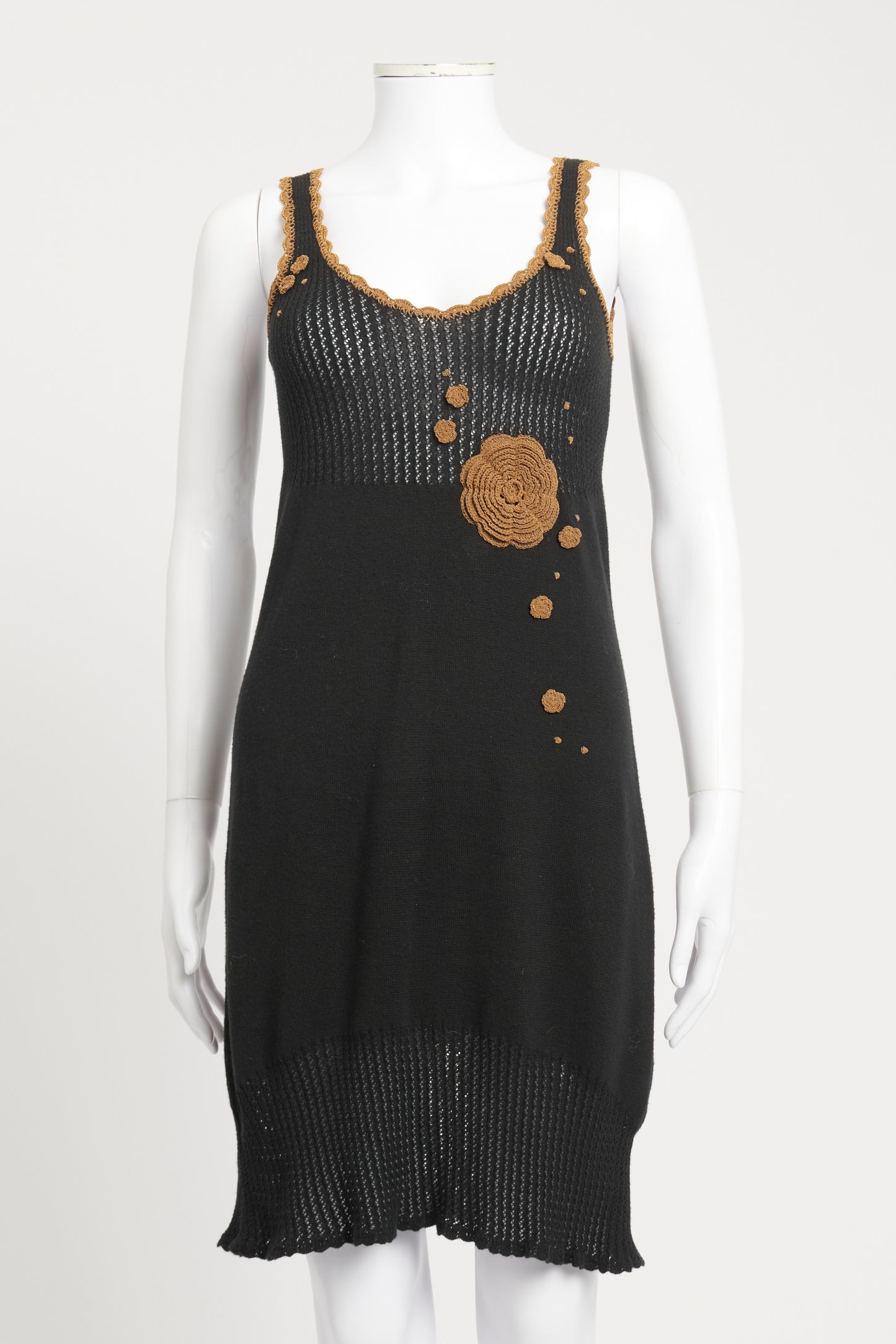 Black Cotton Blend Preowned Crochet Appliqué Dress