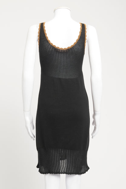 Black Cotton Blend Preowned Crochet Appliqué Dress