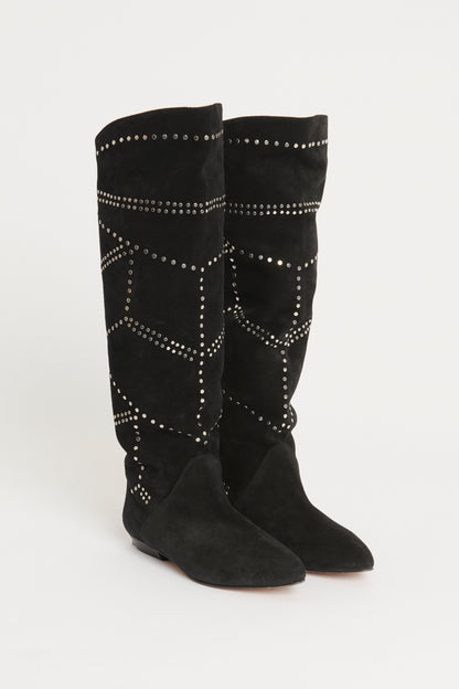 Black Suede Studded Flat Preowned Boots
