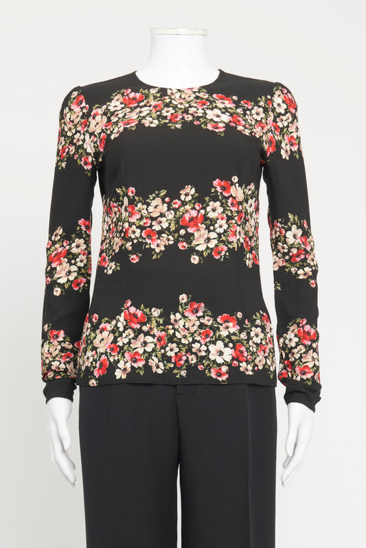 Black Viscose Preowned Floral Long Sleeve Blouse