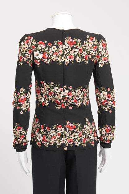 Black Viscose Preowned Floral Long Sleeve Blouse