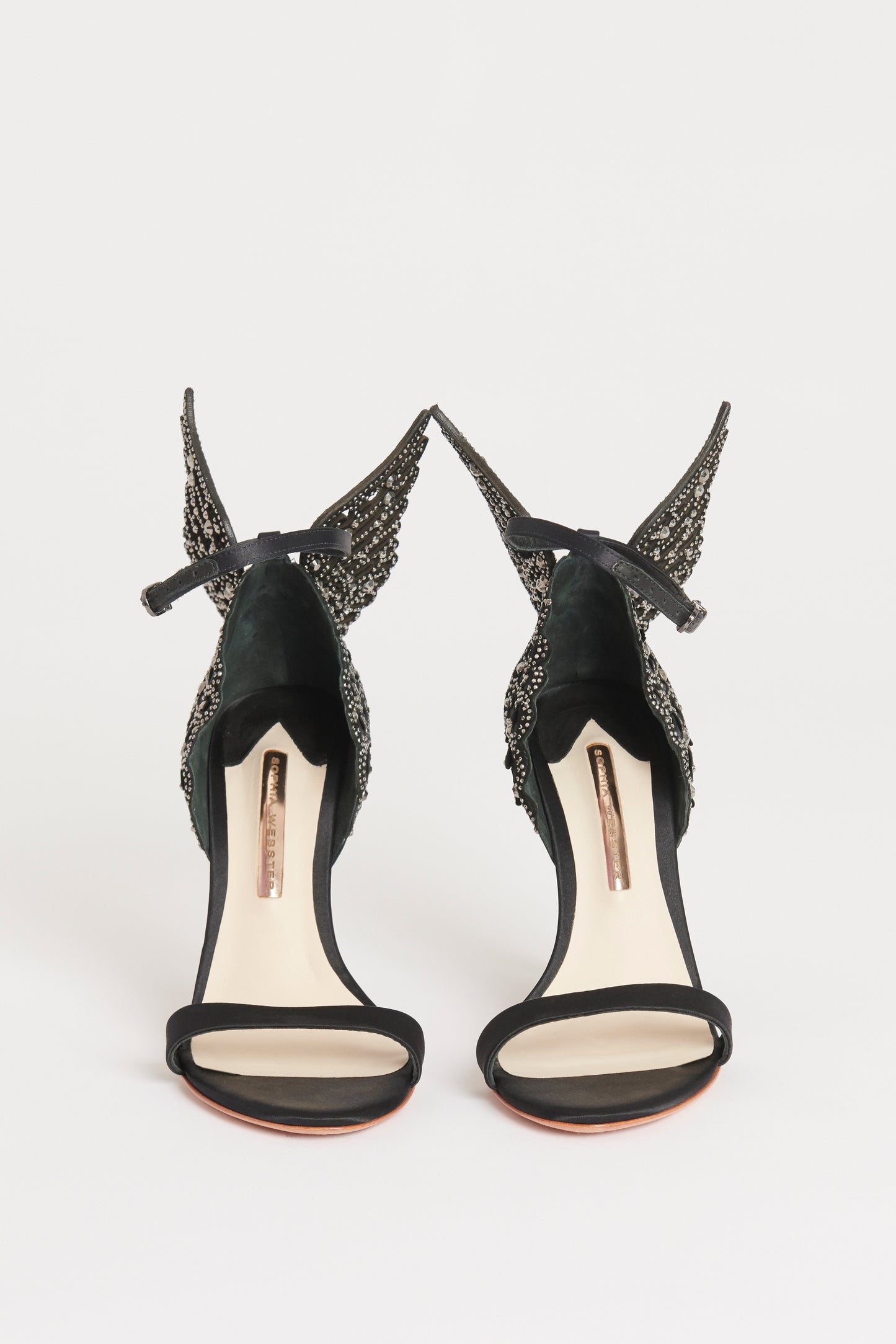 Black Satin Preowned Evangeline Satin Angel-Wing Heeled Sandals