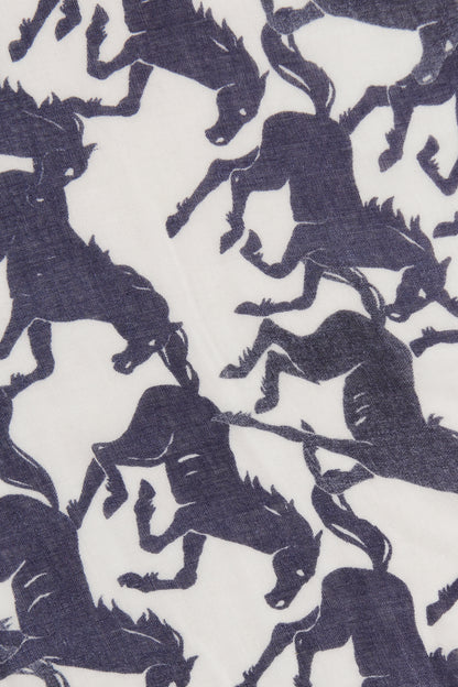 White and Navy Preowned Horse Print Scarf