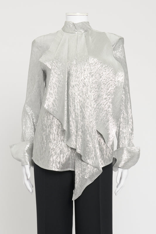 Silver Silk Blend Preowned High Neck Blouse