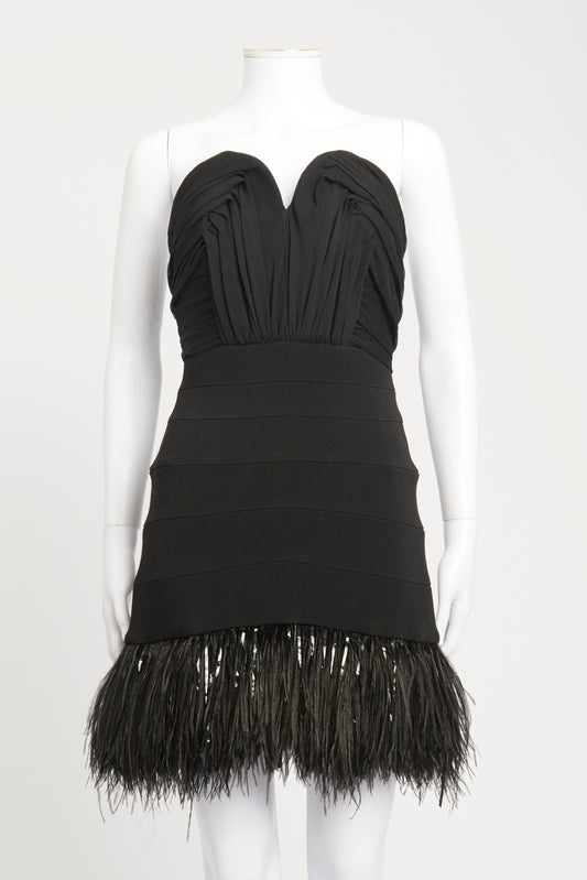 Black Acetate Blend Preowned Feather Trimmed Mini Dress