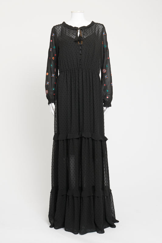 Black Polyester Preowned Dobby Tiered Maxi Dress